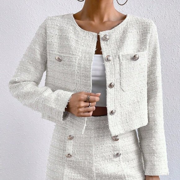 White Casual Womens Plaid Print Button Front Jacket & Shorts - Picture 4 of 5